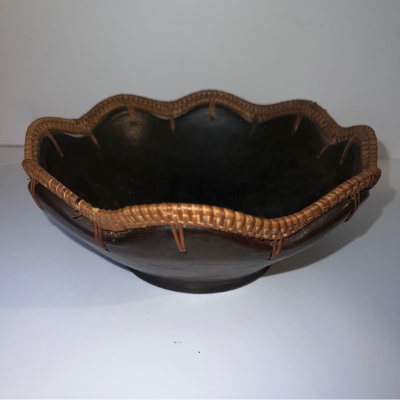 Vintage Wood Clay and Rattan bowl. woven wicker trim Hand Crafted In Indonesia - Picture 9 of 10